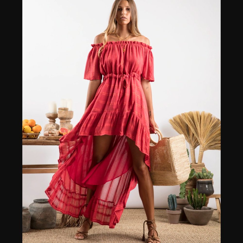 SUNDRESS off-the-shoulder Alena Dress in Lisbonne red and gold